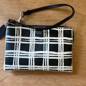 Super Rare Coach Bleecker black and white plaid corner wristlet.